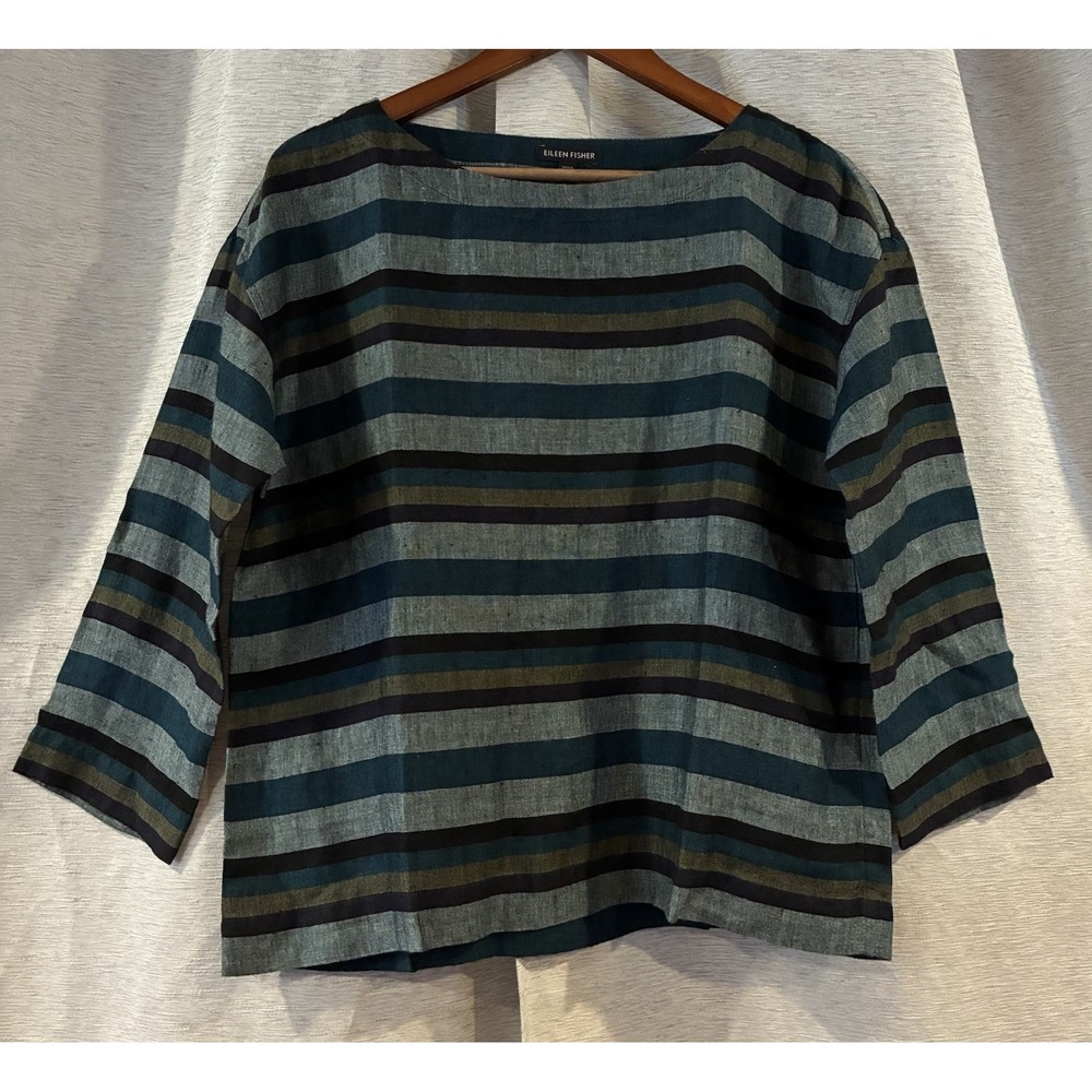 Eileen Fisher Women’s XS Organic Linen Striped Boat Neck 3/4 Sleeve Top Teal